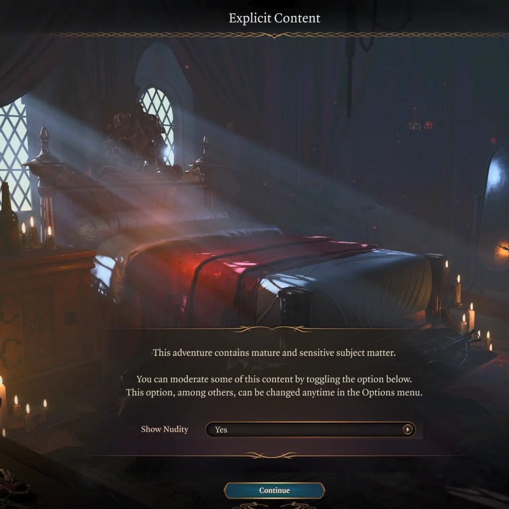 Explicit content: this adventure contains mature and sensitive subject matter. You can moderate some of this content by toggling the option below. This option, among others, can be changed anytime in the Options menu. Show Nudity: yes
