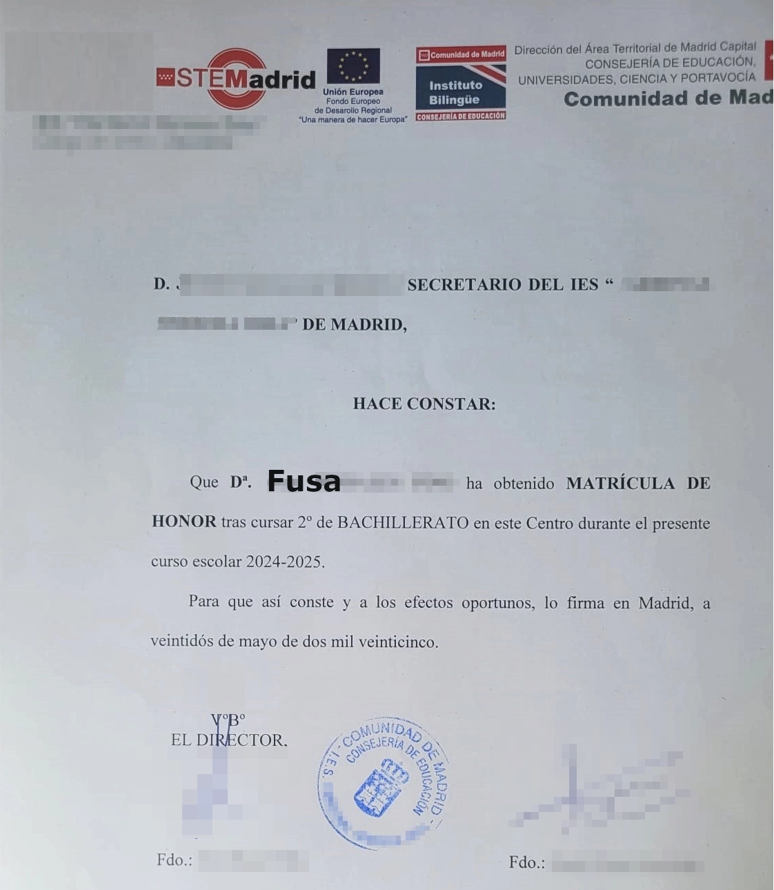 Certificado oficial de la Matrícula de Honor