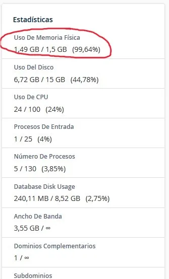 Un pantallazo de las estadísticas del blog en cpanel, donde se muestra casi un 100% de uso de memoria física.